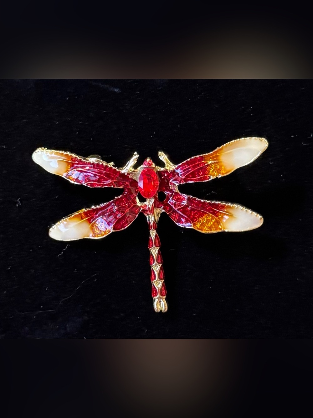 Red Dragonfly Brooch Pin Gold-Tone Accent